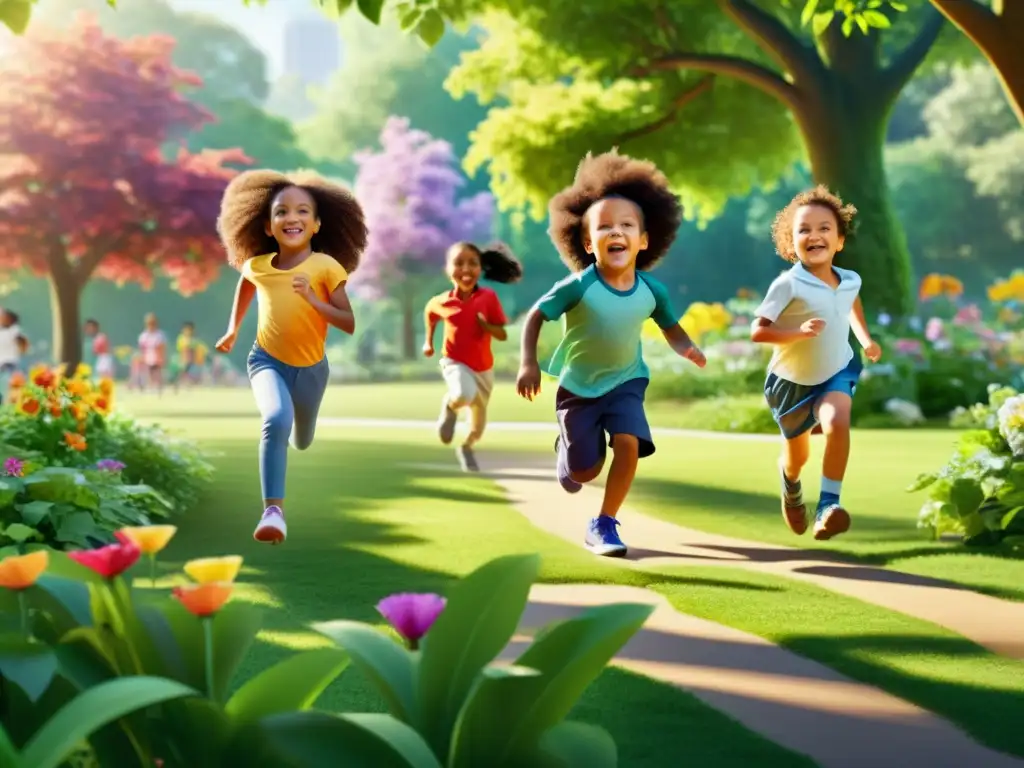 Niños felices fortalecen su sistema inmunológico jugando y haciendo ejercicio en un hermoso parque verde lleno de sol y naturaleza
