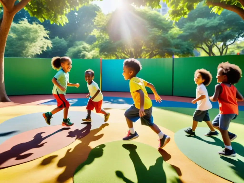 Niños felices jugando en un parque vibrante Niños diversos juegan felices en un vibrante parque, celebrando la importancia del sistema inmunológico en niños