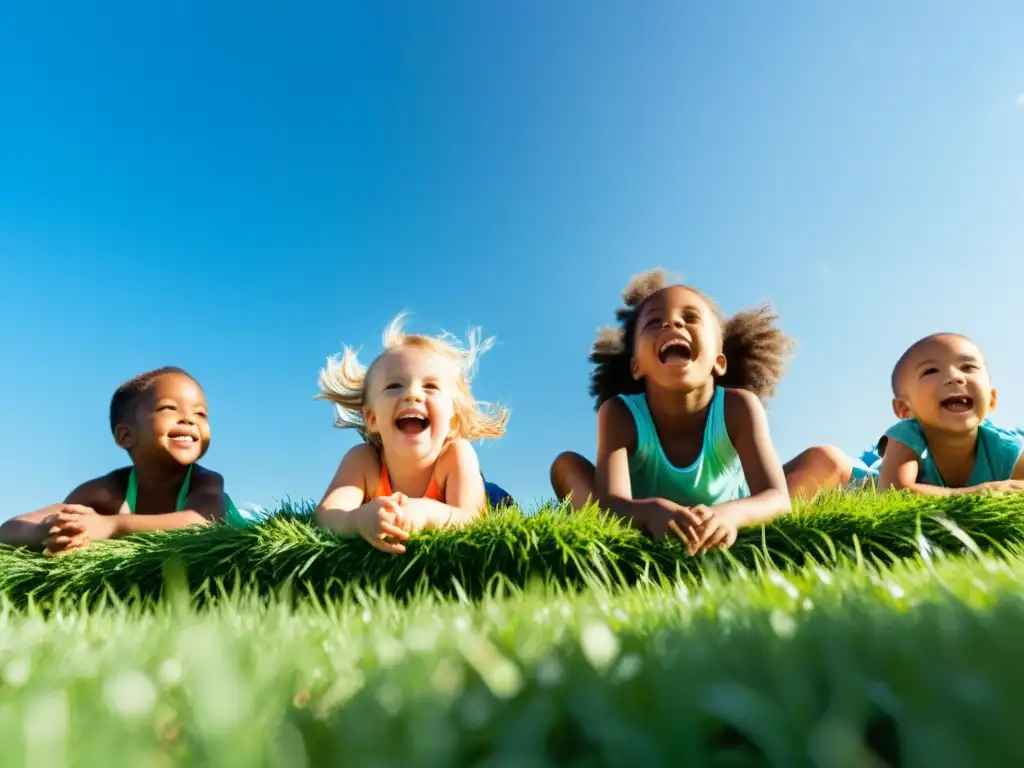 Niños felices bajo el sol en un parque vibrante Niños felices absorbiendo vitamina D inmunidad en un parque soleado, disfrutando del aire libre y la naturaleza