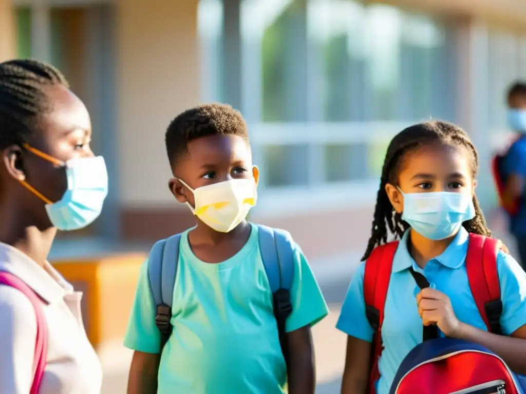 Niños con mascarillas esperando para entrar a la escuela Niños con mascarillas mantienen medidas preventivas temporada gripe al entrar a la escuela bajo el cálido sol