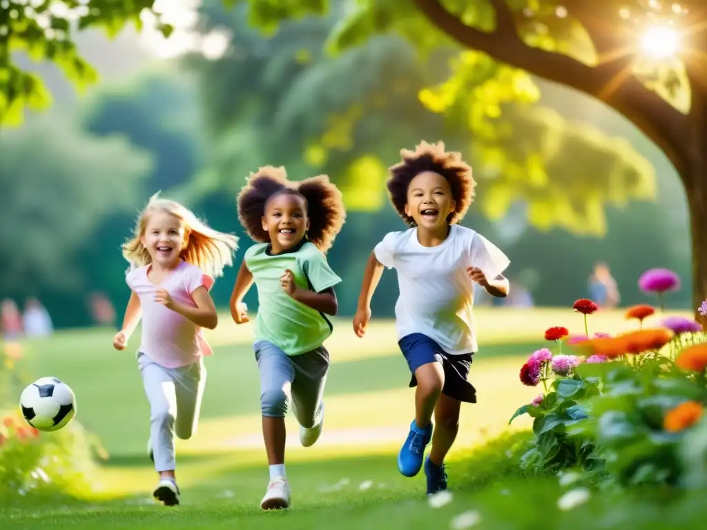 Niños felices y saludables disfrutando en el parque Niños sanos y felices disfrutando al aire libre en un parque verde, rodeados de flores vibrantes
