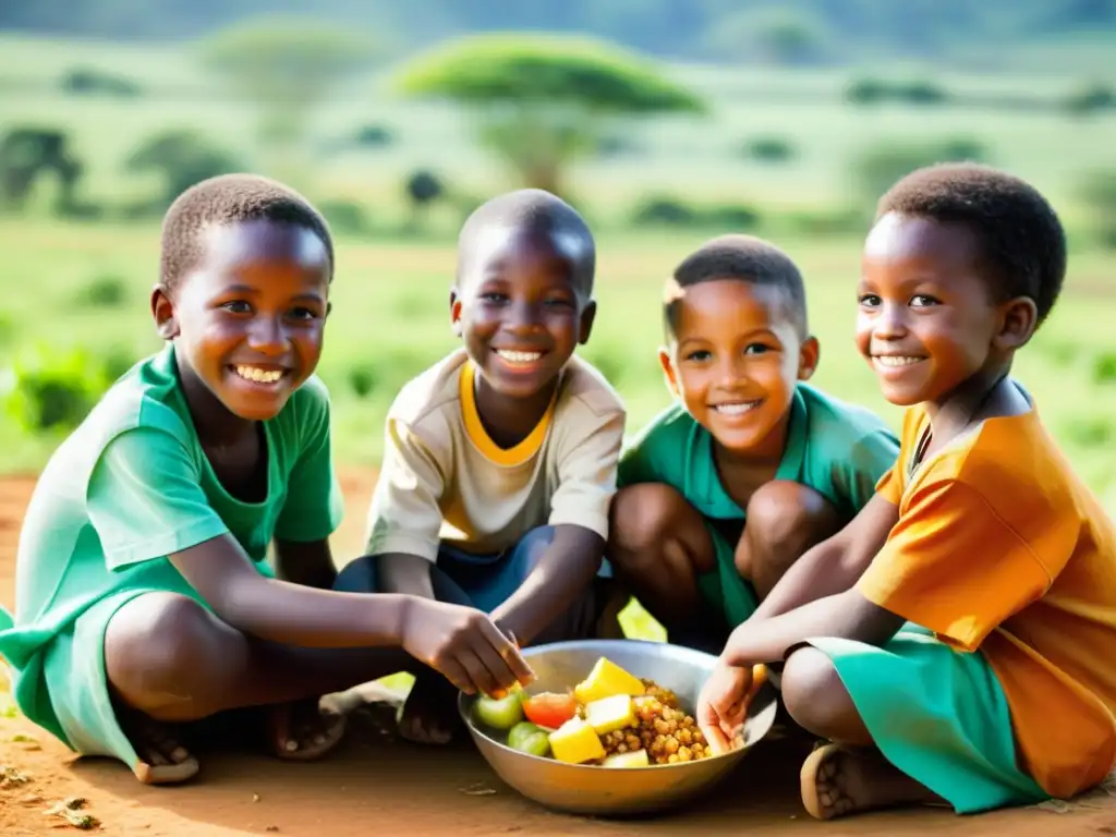 Niños felices compartiendo comida en África Niños sonrientes comparten comida en una aldea africana, resaltando la importancia de la nutrición en el sistema inmunológico