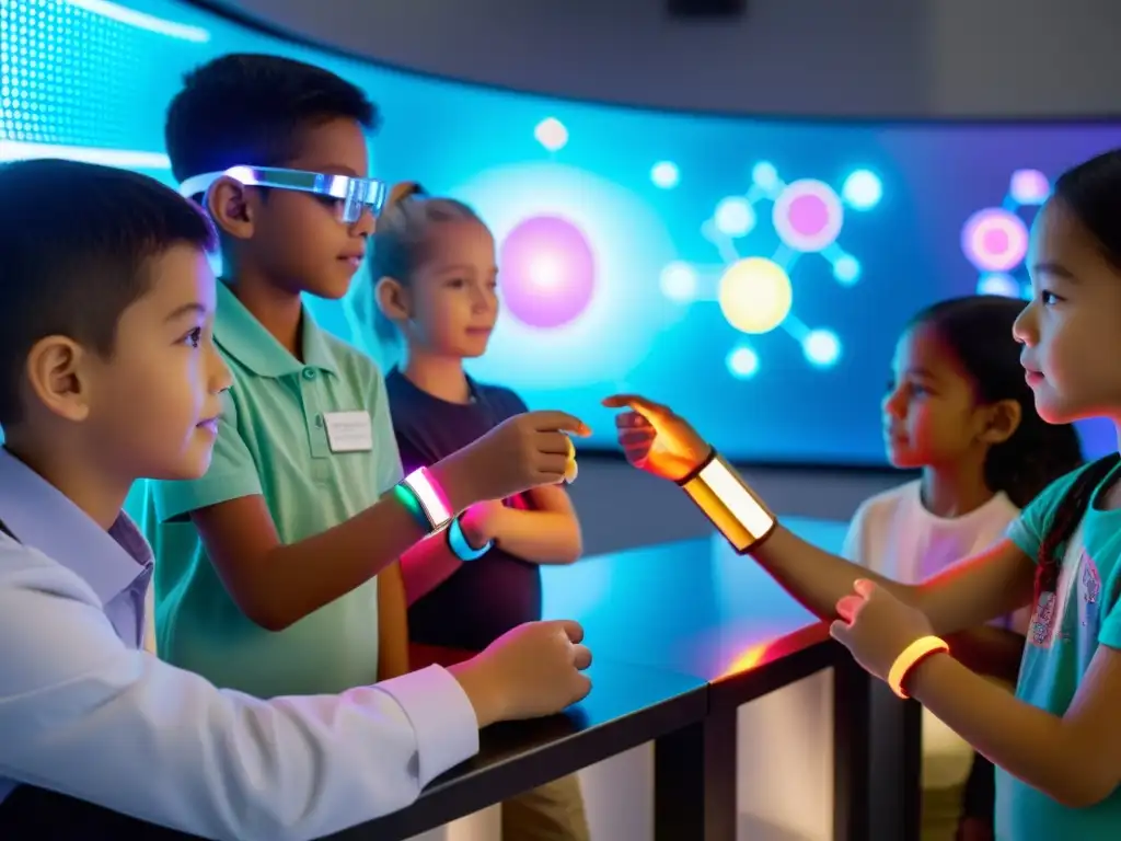 Niños aprenden sobre el sistema inmune con pulseras LED futuristas Niños usando wearables para fortalecer sistema inmune, rodeados de una proyección holográfica del sistema inmunológico, en un laboratorio futurista
