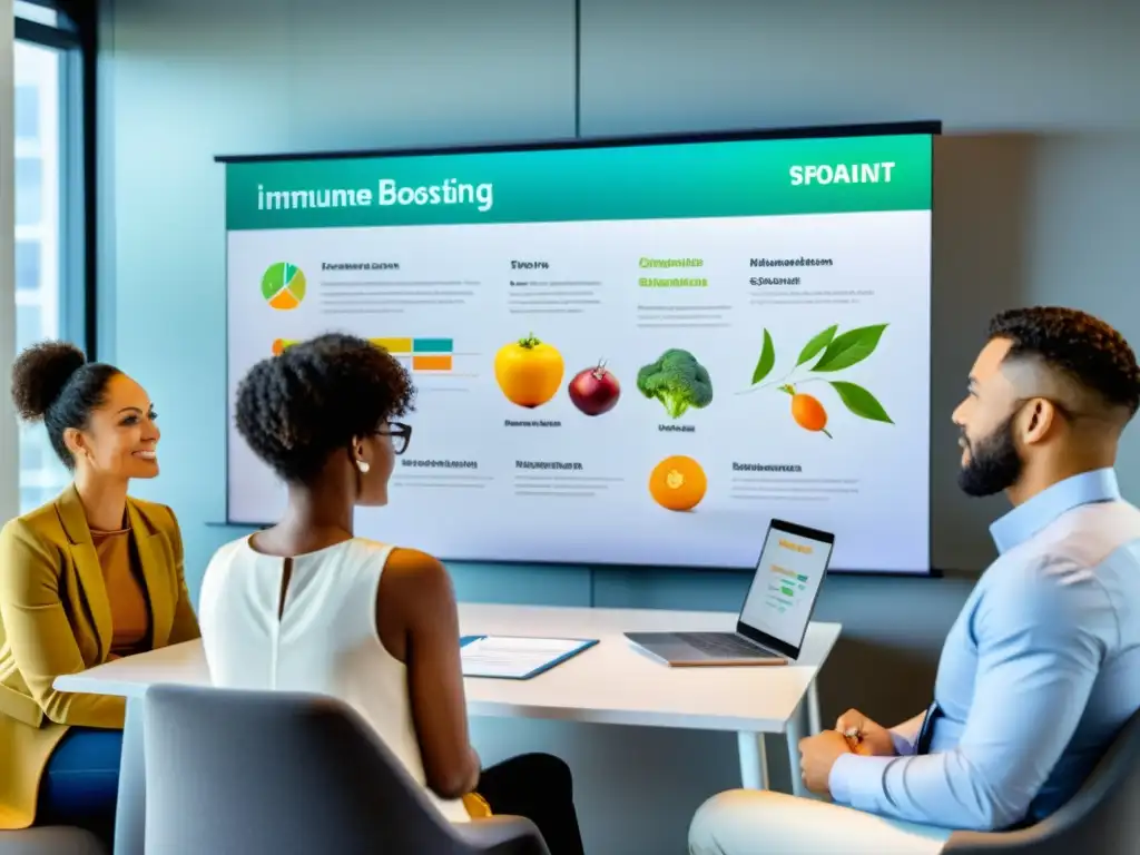 Expertos en inmunonutrición analizan dietas inmunitarias Una nutricionista señala un diagrama del sistema inmunológico a un grupo diverso que escucha y toma notas en una oficina moderna