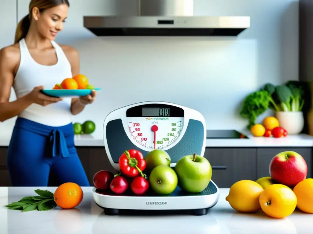 Nutricionista experta pesando alimentos frescos en una cocina moderna Nutricionista pesando frutas, verduras y proteínas frescas en una balanza de cocina moderna, transmitiendo precisión y enfoque en la dieta personalizada para el sistema inmunológico