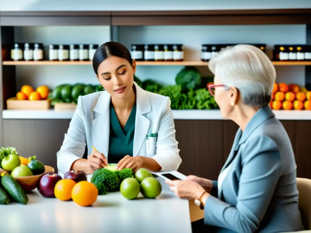 Nutricionista experto cuida dieta para adulto mayor Un nutricionista profesional planifica una dieta personalizada para un adulto mayor, rodeado de alimentos frescos y suplementos