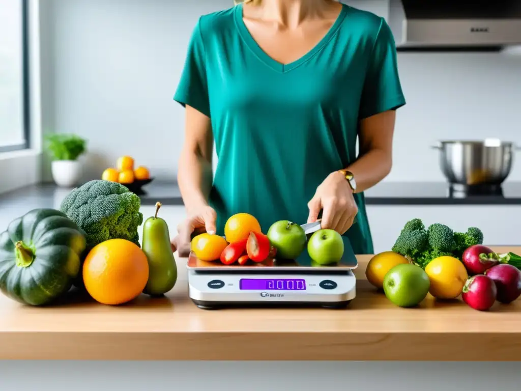 Nutricionista profesional pesando frutas y verduras frescas en una cocina minimalista Una nutricionista profesional mide frutas y verduras frescas en una balanza de cocina, con luz natural