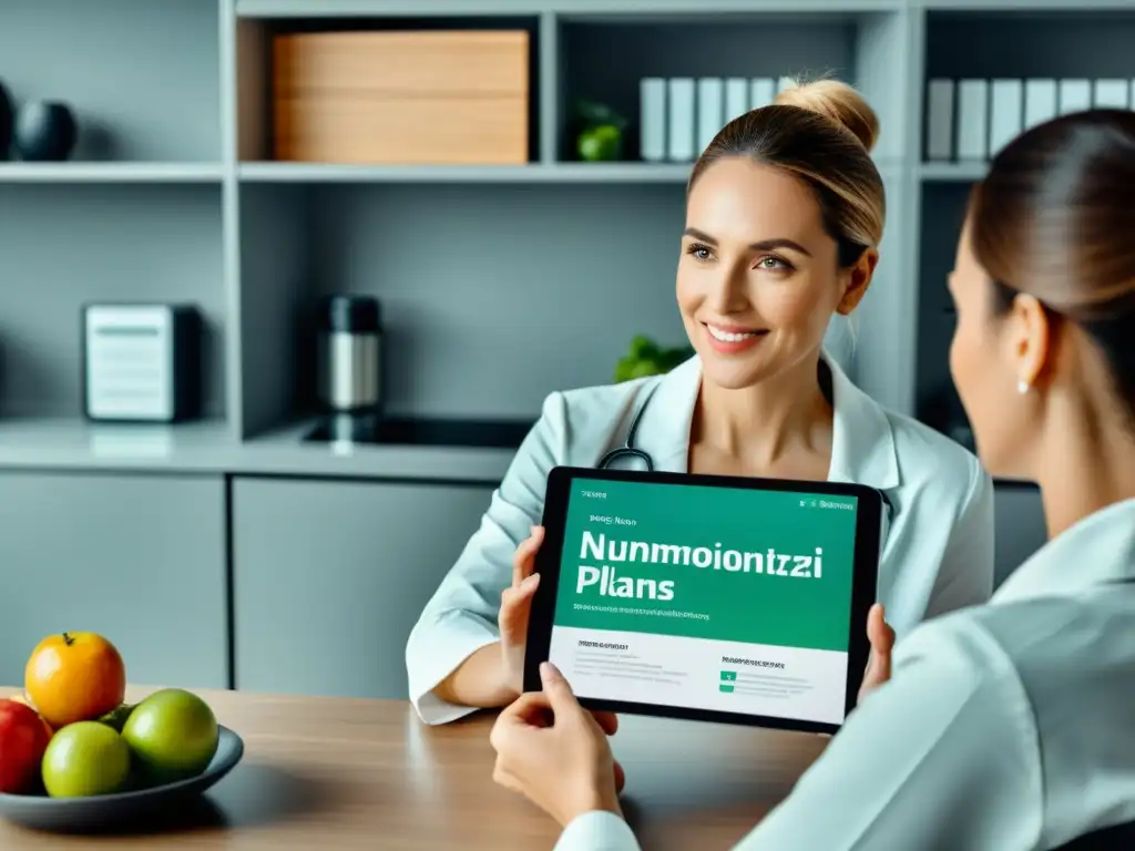 Una nutricionista profesional discute planes de nutrición personalizada con un paciente con inmunodeficiencia en un entorno moderno y calmado