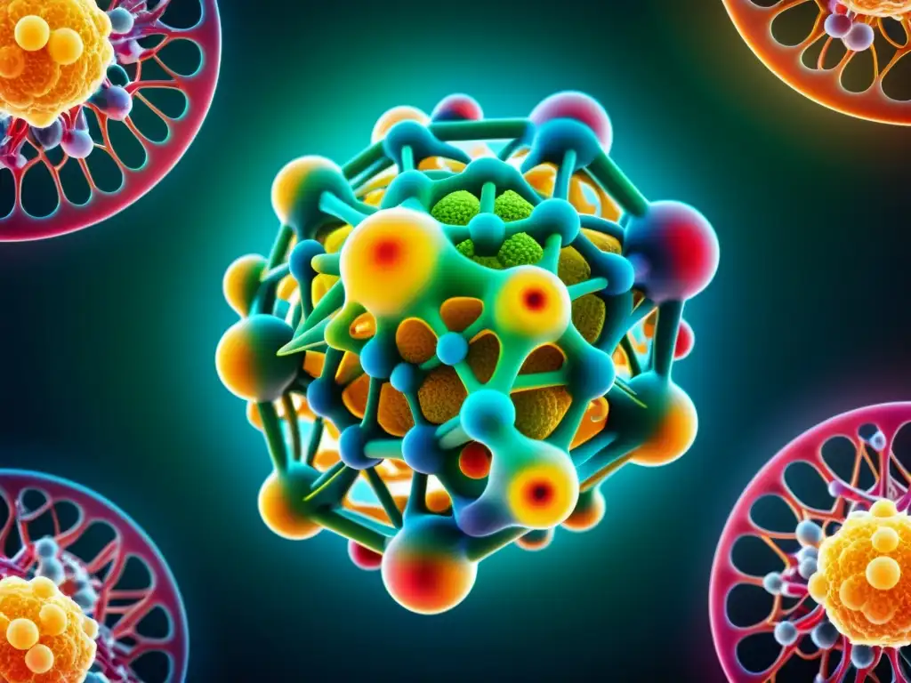 Vibrante molécula de glutatión rodeada de células del sistema inmune Una obra de arte moderna con un deslumbrante papel del glutatión en el sistema inmunológico, rodeado de células detalladas en colores vibrantes