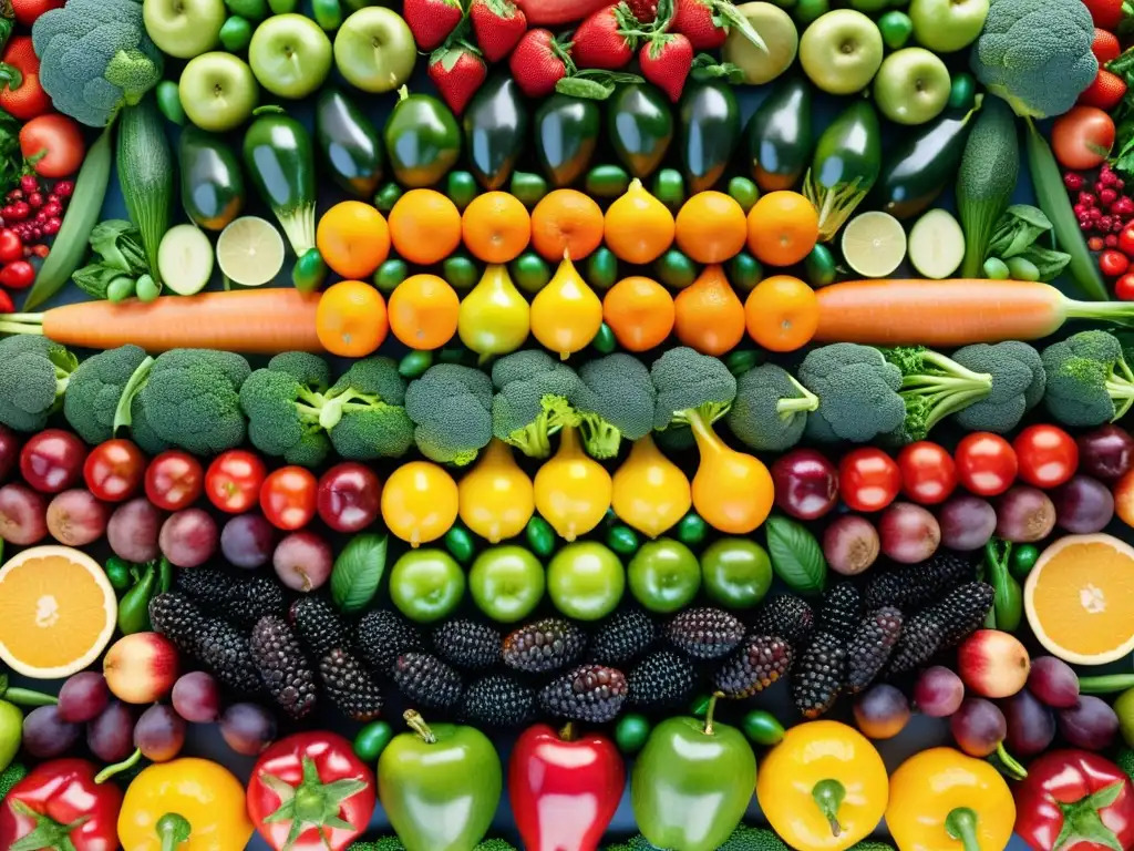 Arcoíris de Nutrición: Frutas y Vegetales en Detalle Una obra maestra de frutas y verduras en un patrón simétrico, irradiando vitalidad y diversidad