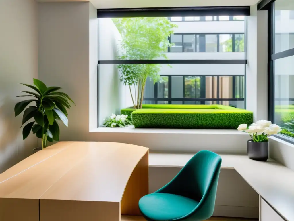 Espacio de oficina sereno con fuente de escritorio y vistas al jardín Oficina moderna con luz natural, escritorio minimalista y fuente de escritorio