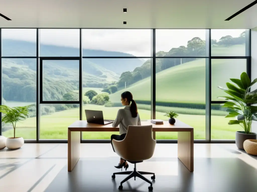 Oficina moderna y serena con vista a la naturaleza Oficina moderna con vista a la naturaleza, fomentando la resiliencia emocional y el sistema inmunológico