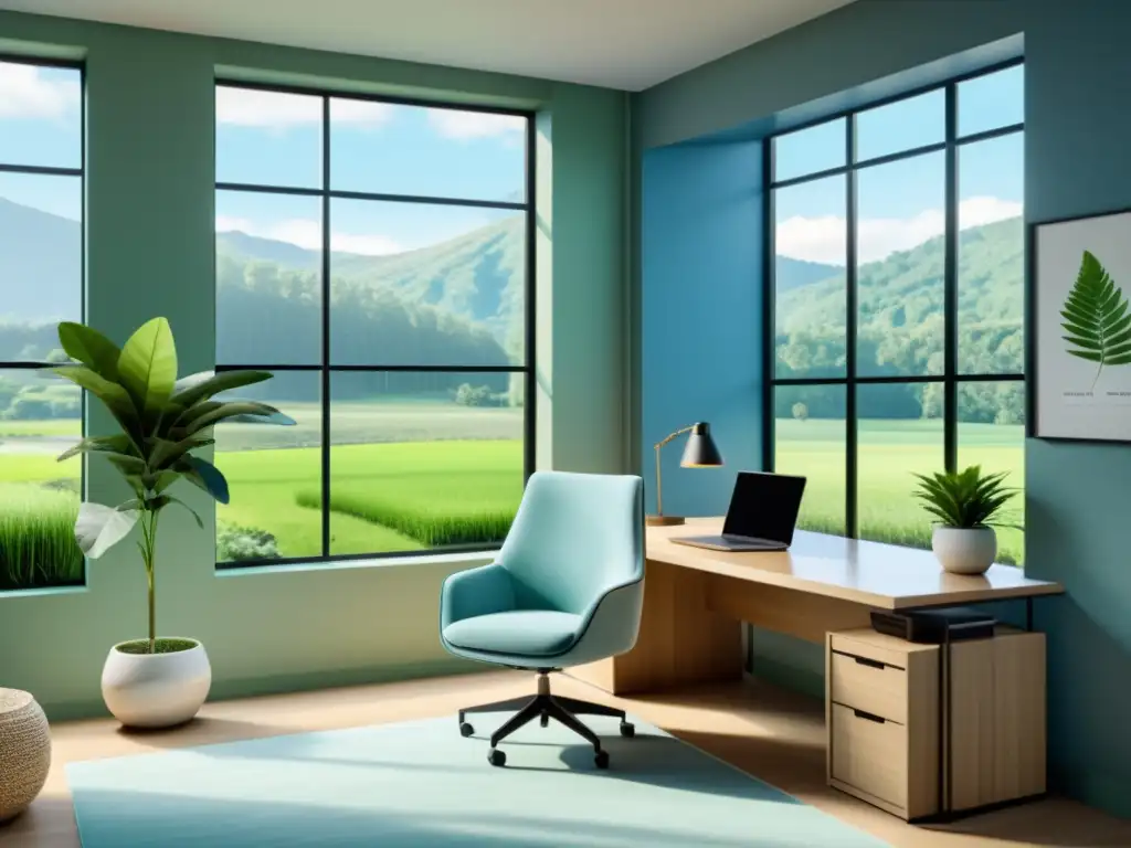 Oficina moderna con ventana amplia y vistas relajantes Oficina moderna con vista a la naturaleza, ideal para Coaching para gestionar estrés y bienestar