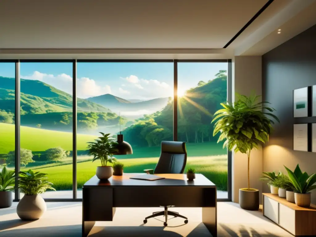 Oficina moderna con vistas verdes y tranquilas Oficina moderna con vista a paisaje verde