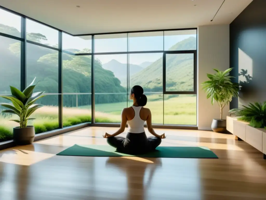 Oficina moderna con vista relajante y serena Oficina moderna con vistas a la naturaleza, plantas, muebles minimalistas y luz natural