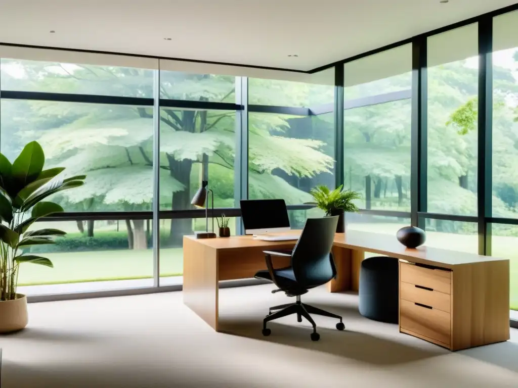 Oficina minimalista con vista al parque para meditación Oficina moderna con vistas al parque, iluminada por luz natural