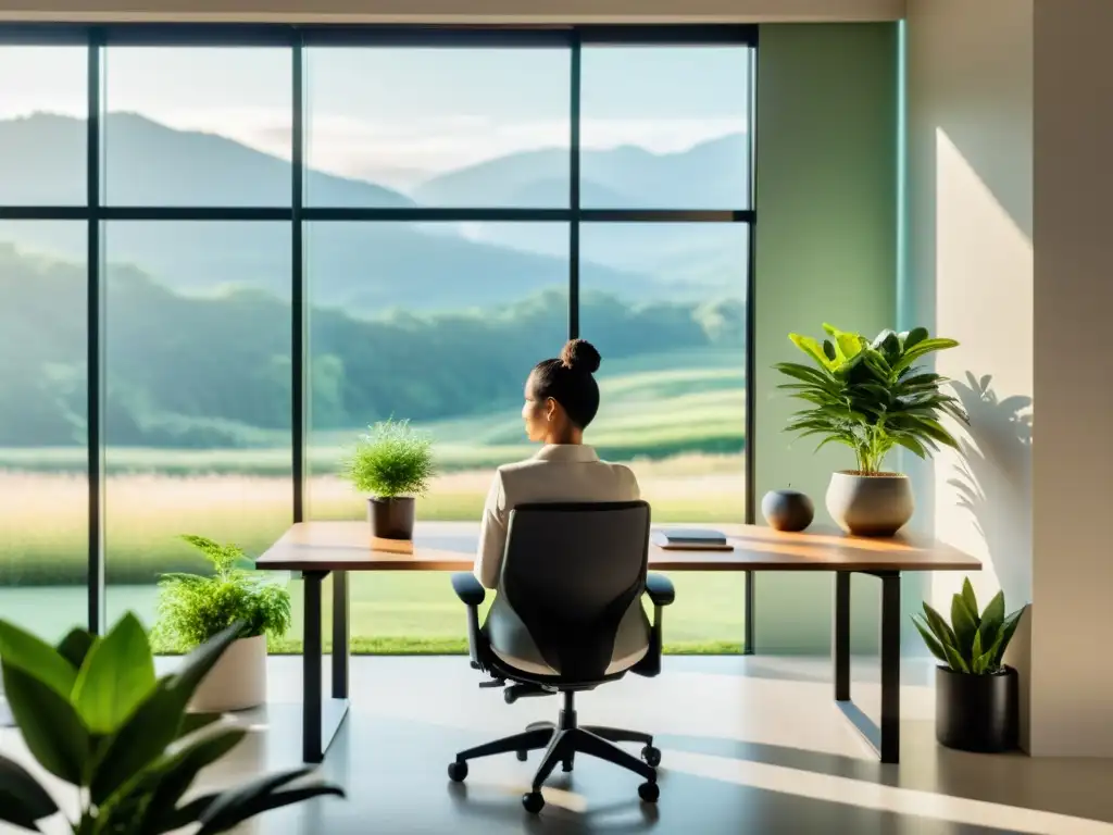 Oficina serena: meditación mindfulness para la concentración Oficina serena con luz natural, paisaje verde y meditación mindfulness para fortalecer sistema inmune