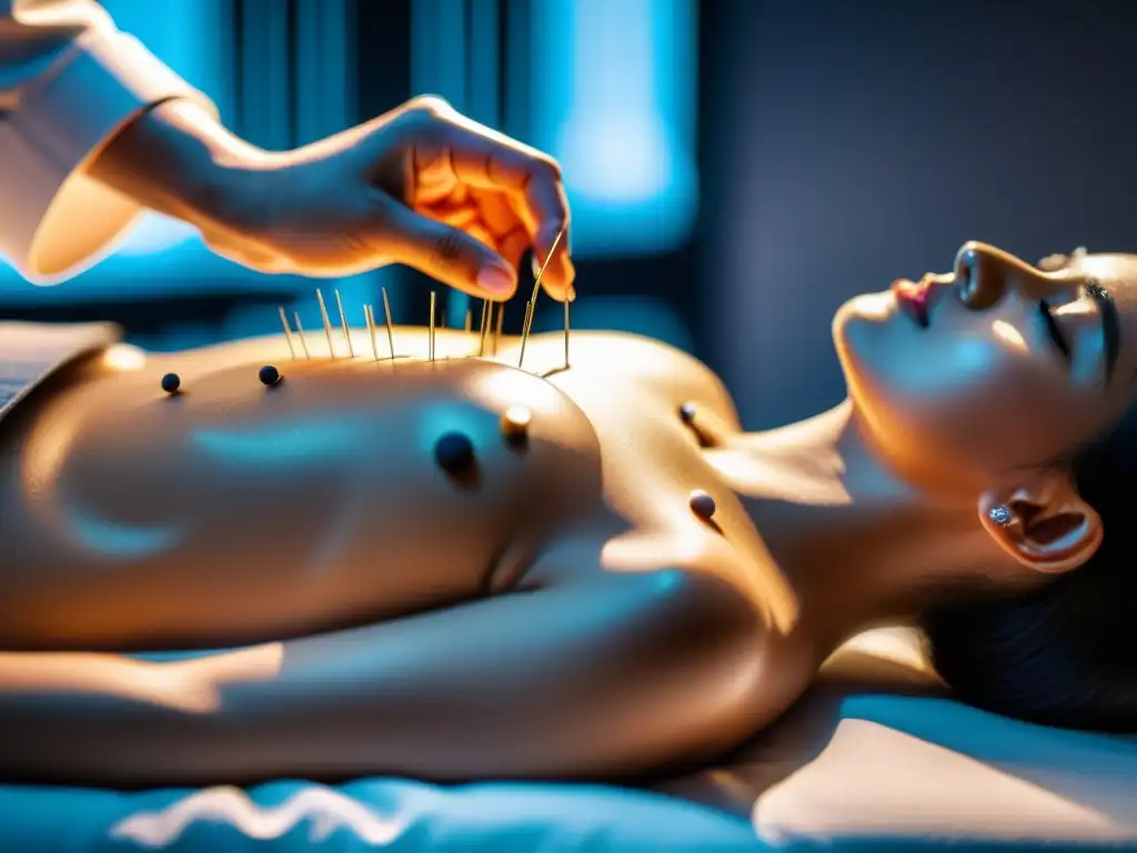 Acupuntura de precisión: terapia en clínica moderna 'Paciente recibiendo acupuntura para fortalecer el sistema inmunológico en clínica moderna, resaltando precisión y serenidad
