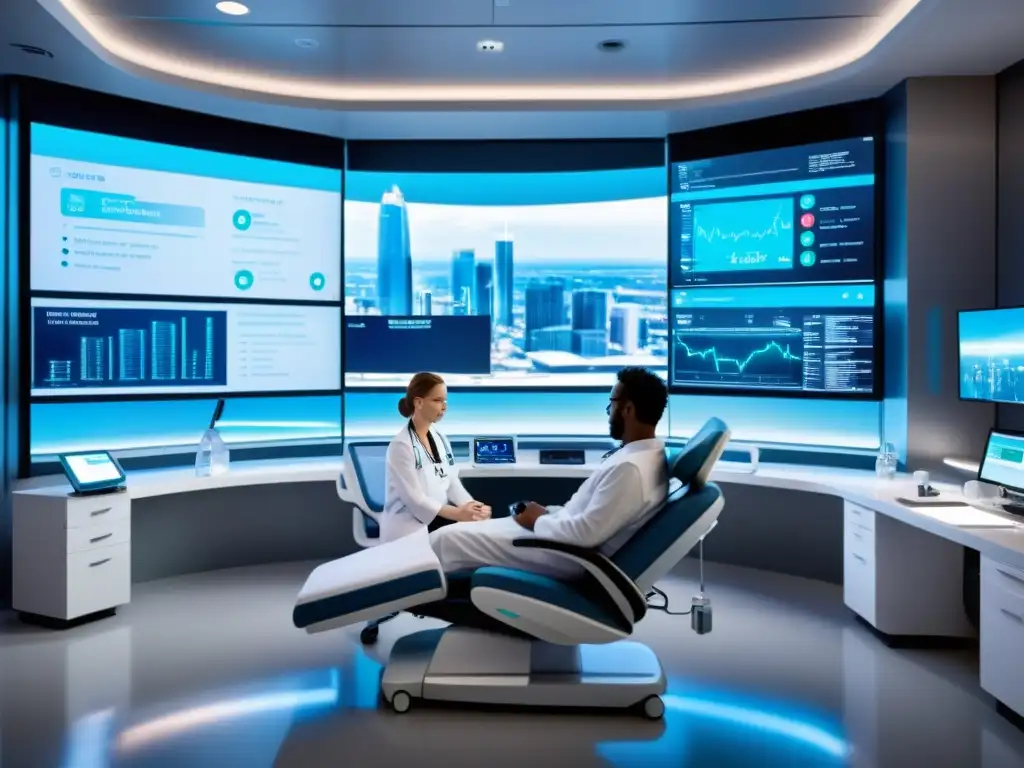 Avanzada inmunoterapia en hospital futurista Paciente recibe cobertura terapias refuerzo inmunológico seguro salud en hospital futurista con avanzada tecnología médica