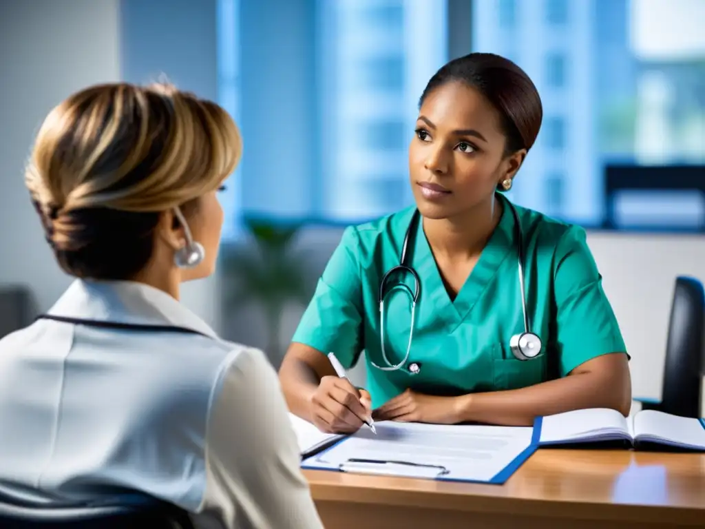 Conversación médica enfocada: paciente y doctor dialogando Un paciente y un médico tienen una conversación enfocada en una oficina limpia y moderna