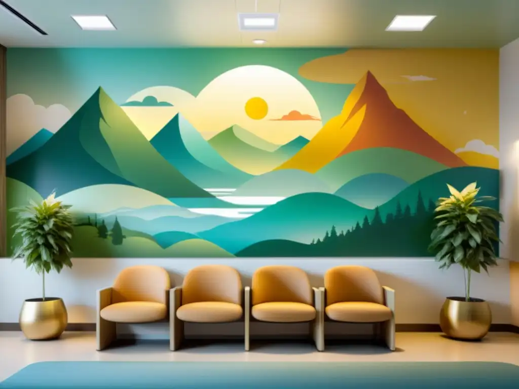 Sala de espera hospitalaria calmada con meditación digital Pacientes en sala de espera de hospital moderno, meditan con apps de meditación para dolor crónico