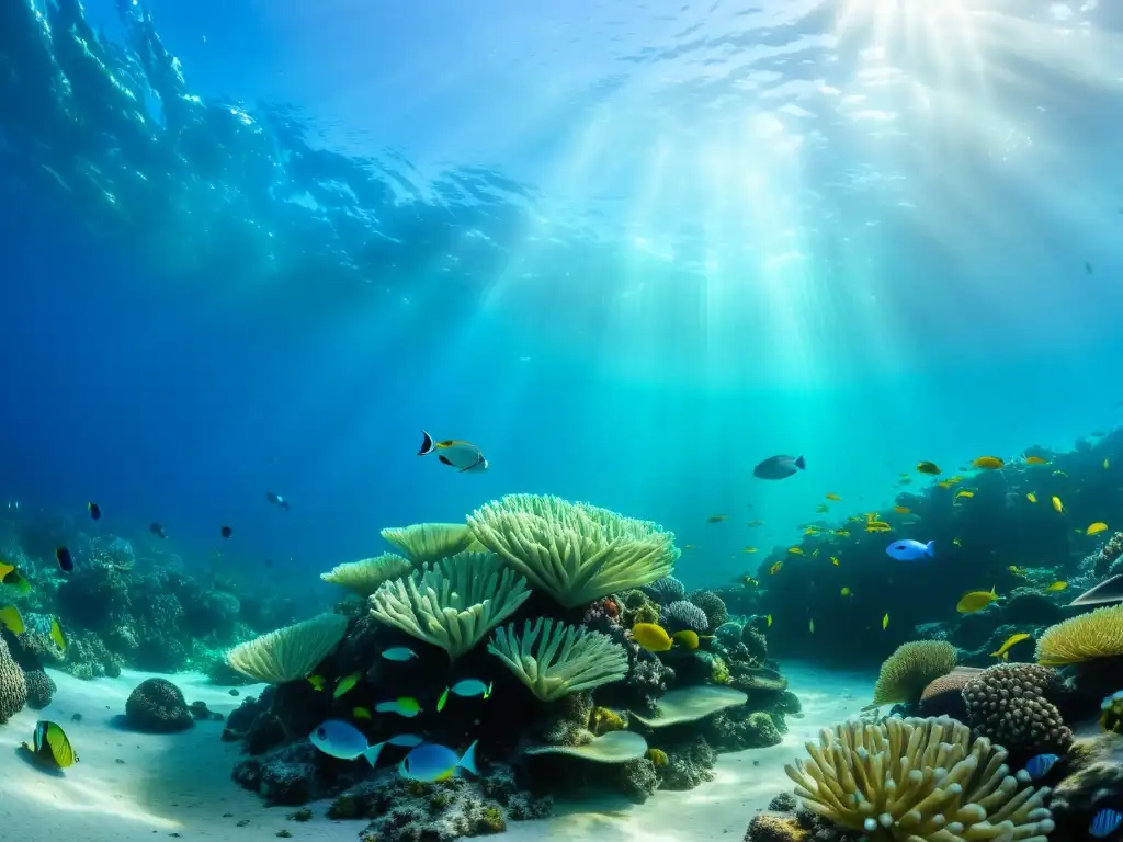 Profundidad marina: escena submarina vibrante en 8k Un paisaje submarino vibrante y sereno con peces plateados y arrecifes de coral coloridos