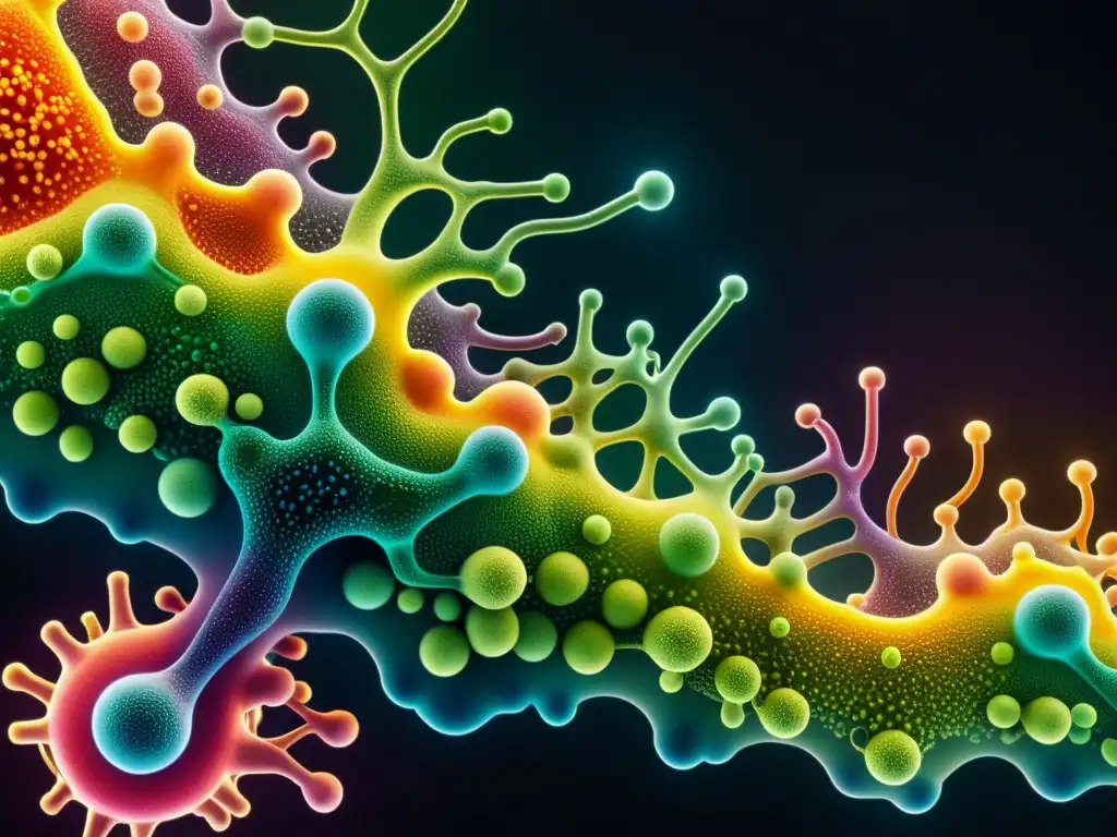 Microbiota vibrante: red de bacterias beneficiosas Un paisaje urbano de bacterias y microorganismos, reflejando la diversidad de la microbiota y su impacto en el sistema inmunológico