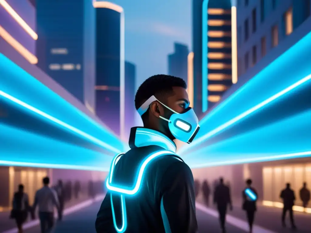 Respirador inteligente en la ciudad futurista Un paisaje urbano futurista con edificios modernos iluminados por luces de neón