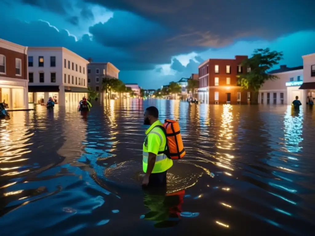 Inundación urbana: impacto del cambio climático Un paisaje urbano sumergido en aguas de inundación, con personas caminando entre calles, reflejando luces de la ciudad