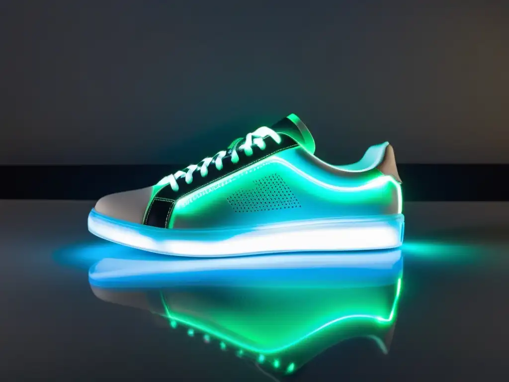Sneakers futuristas con tecnología de sensores integrada Un par de tenis modernos con suelas transparentes y sensores iluminados