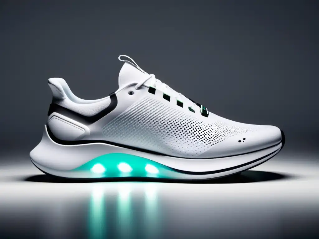 Sneakers modernos con sensores integrados: innovación futurista Un par de zapatillas modernas con sensores integrados en soles y laterales, en un fondo blanco