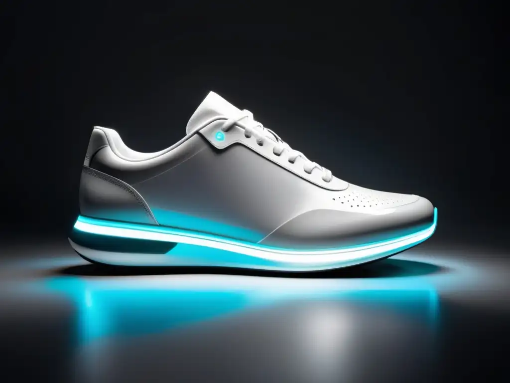 Zapatos inteligentes futuristas con sensores y luces LED Un par de zapatos inteligentes modernos con tecnología de sensores e luces LED, en un fondo minimalista