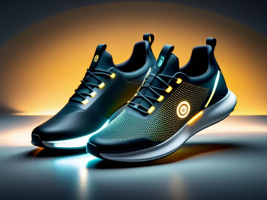 Zapatos inteligentes con sensores de alta tecnología Par de zapatos inteligentes con sensores en la suela, destacando la tecnología futurista