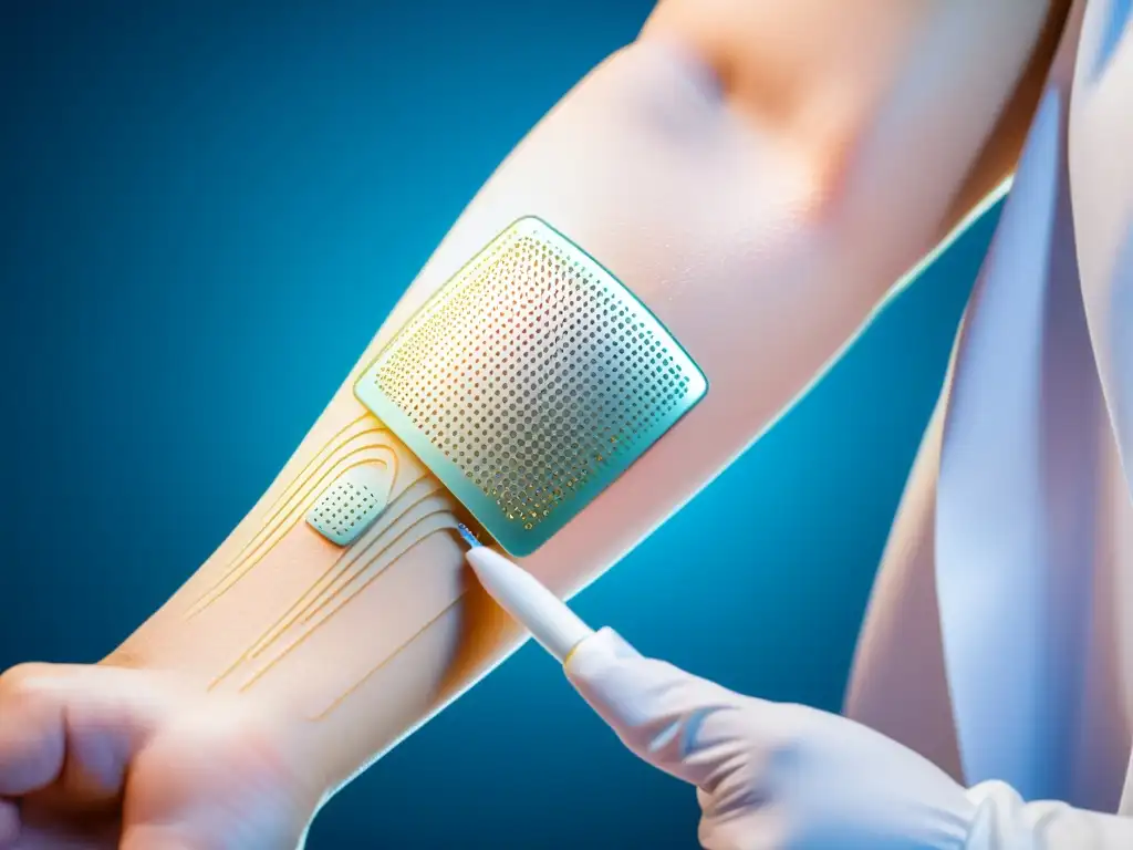 Microagujas inteligentes: aplicando tecnología de vanguardia Un parche transdérmico inteligente de vacunación en detalle, aplicado en el brazo de una persona en un entorno clínico moderno