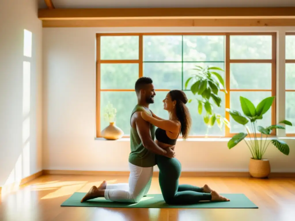 Una pareja practica yoga en un estudio luminoso y espacioso