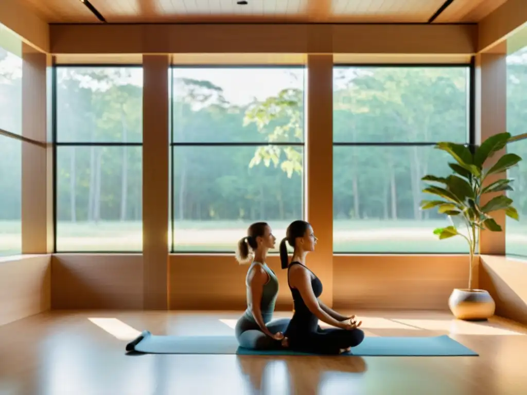 Equilibrio y serenidad: Pareja practicando yoga en estudio luminoso Una pareja practica yoga en un estudio sereno con abundante luz natural