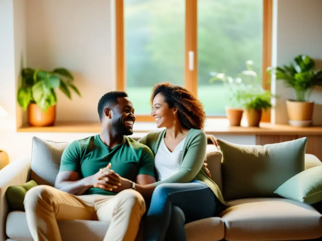 Terapia de Pareja: Conexión y Felicidad en Casa Una pareja feliz y relajada disfruta de una íntima conversación en casa
