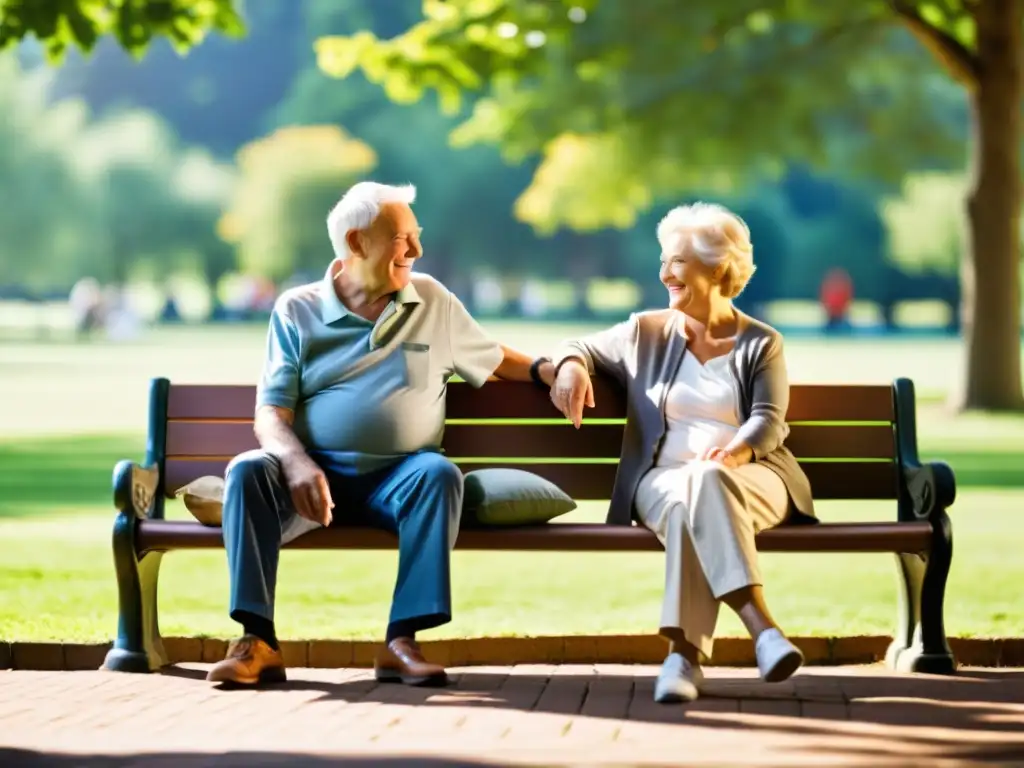 Amor duradero: Pareja mayor disfrutando del parque Una pareja de ancianos sonríe y se toma de las manos en un banco del parque, bajo la luz del sol