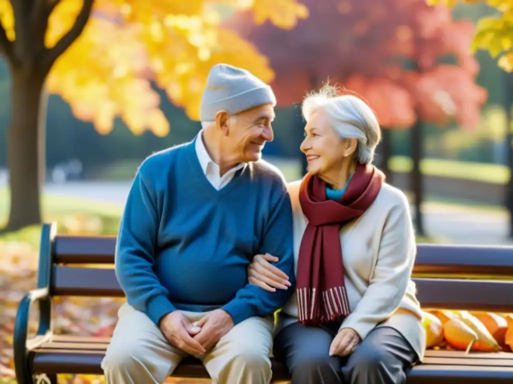 Amor eterno entre hojas de otoño Una pareja mayor disfruta de un tranquilo día en el parque en otoño, fortaleciendo su sistema inmunológico después de los 60, tomados de la mano entre hojas coloridas y la suave luz del sol