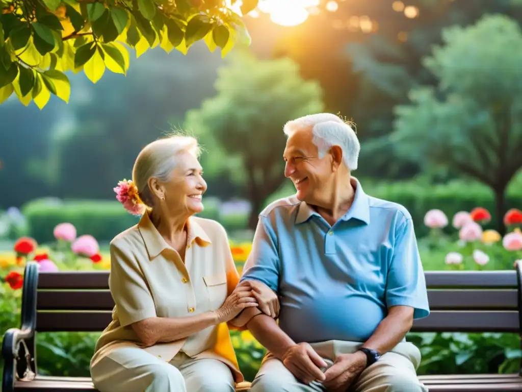 Amor eterno en el parque al atardecer Una pareja mayor sonríe, tomados de la mano en un parque sereno y colorido al atardecer
