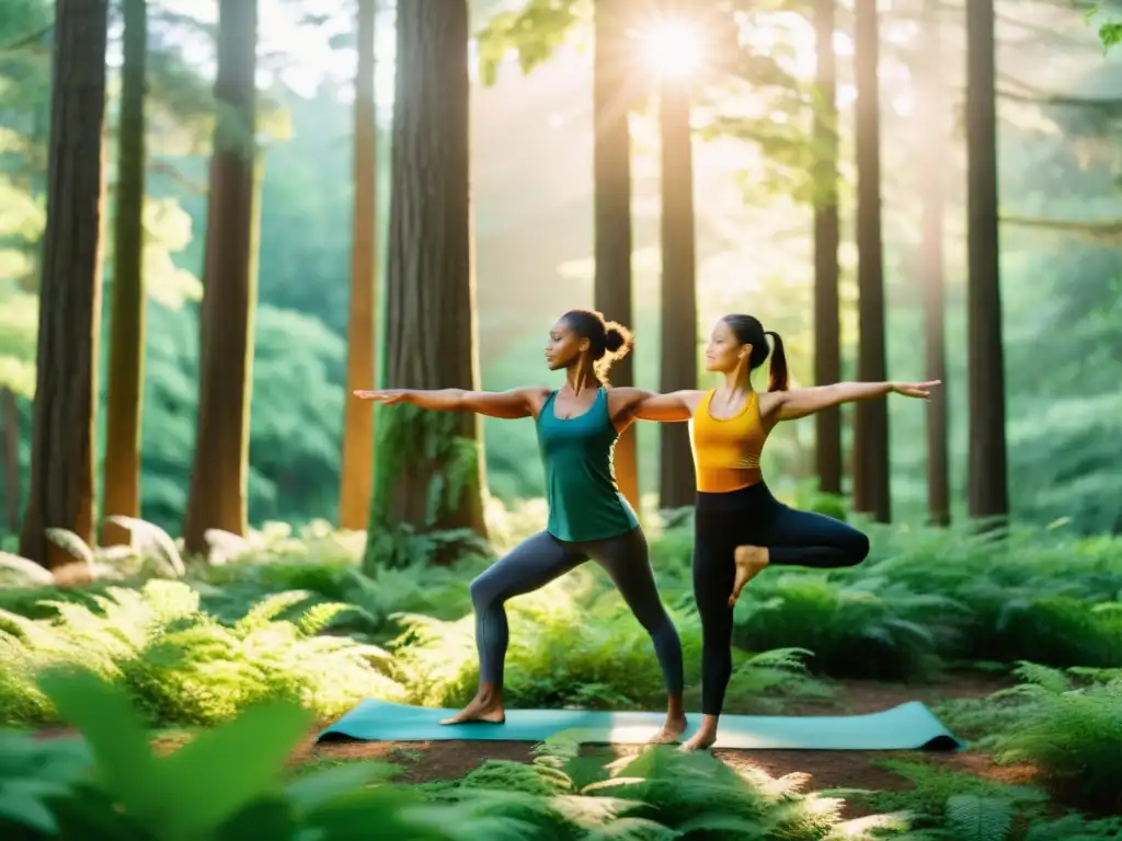 Una pareja en activewear sincronizada realiza yoga en el bosque, irradiando paz y equilibrio