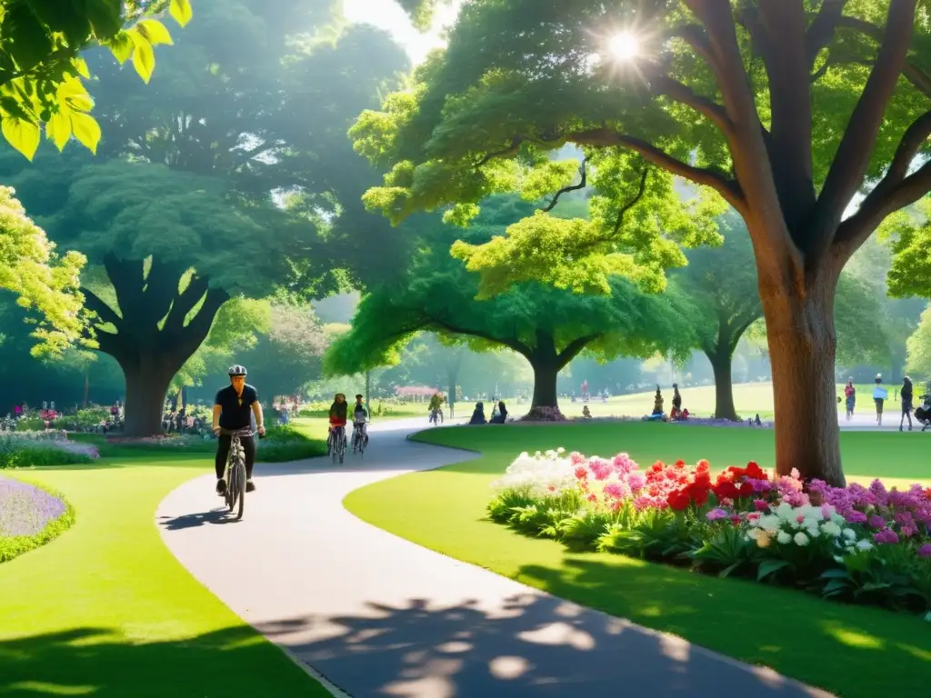 Parque tranquilo: diversión y relajación entre flores y árboles Parque verde y sereno, lleno de vida y actividades recreativas