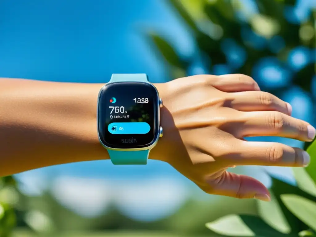Actividad al aire libre con smartwatch y tracker fitness Una persona activa lleva wearables mientras ejercita al aire libre, fusionando tecnología, salud y naturaleza