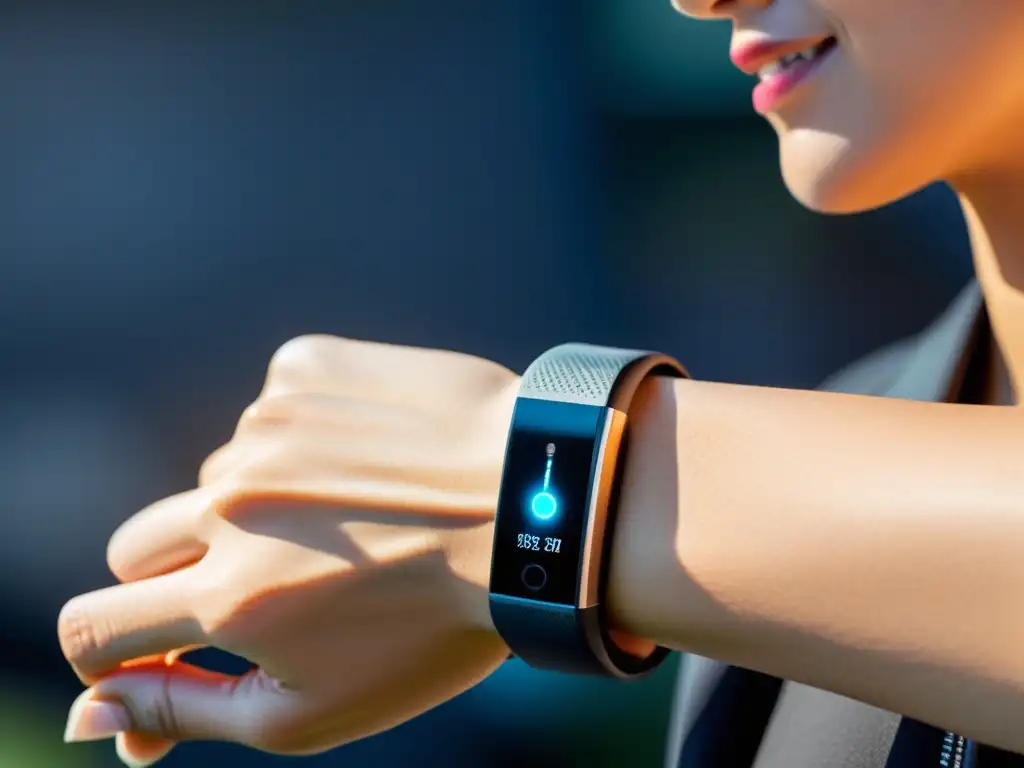 Bracelet inteligente: tecnología y salud en acción Una persona activa usando una pulsera inteligente futurista, promoviendo salud y bienestar
