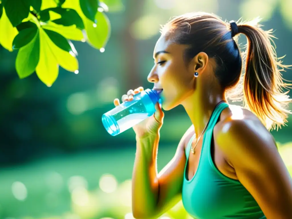 Persona hidratándose con agua al aire libre en un día soleado, resaltando la importancia de la hidratación inmunológica durante el ejercicio