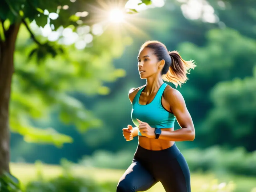 Una persona ejercitándose al aire libre en un entorno natural, rodeada de vegetación vibrante y luz solar
