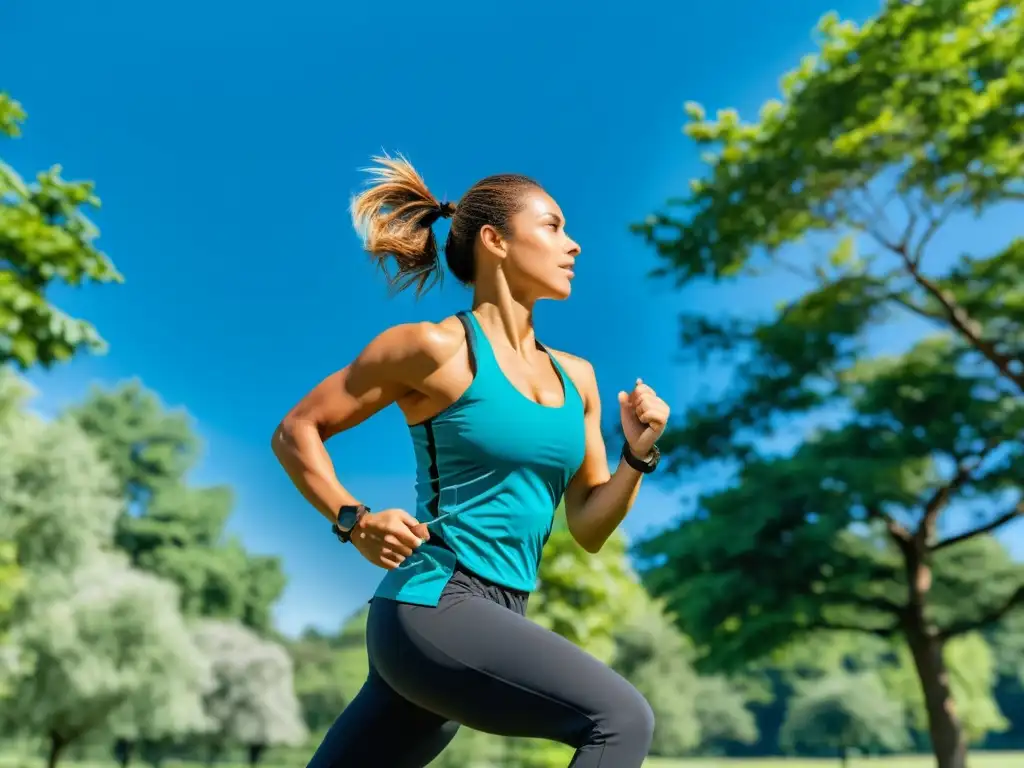 Persona activa ejercitándose en un parque verde exuberante Persona ejercitándose al aire libre en un parque verde y frondoso, irradiando vitalidad y determinación