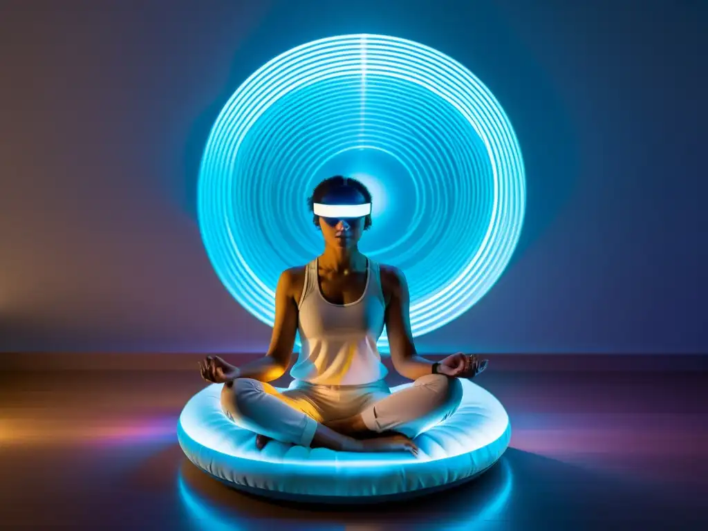 Mediación futurista con biofeedback y tecnología Persona meditando en ambiente futurista con tecnología y tranquilidad, demostrando beneficios de la meditación para el sistema inmunológico
