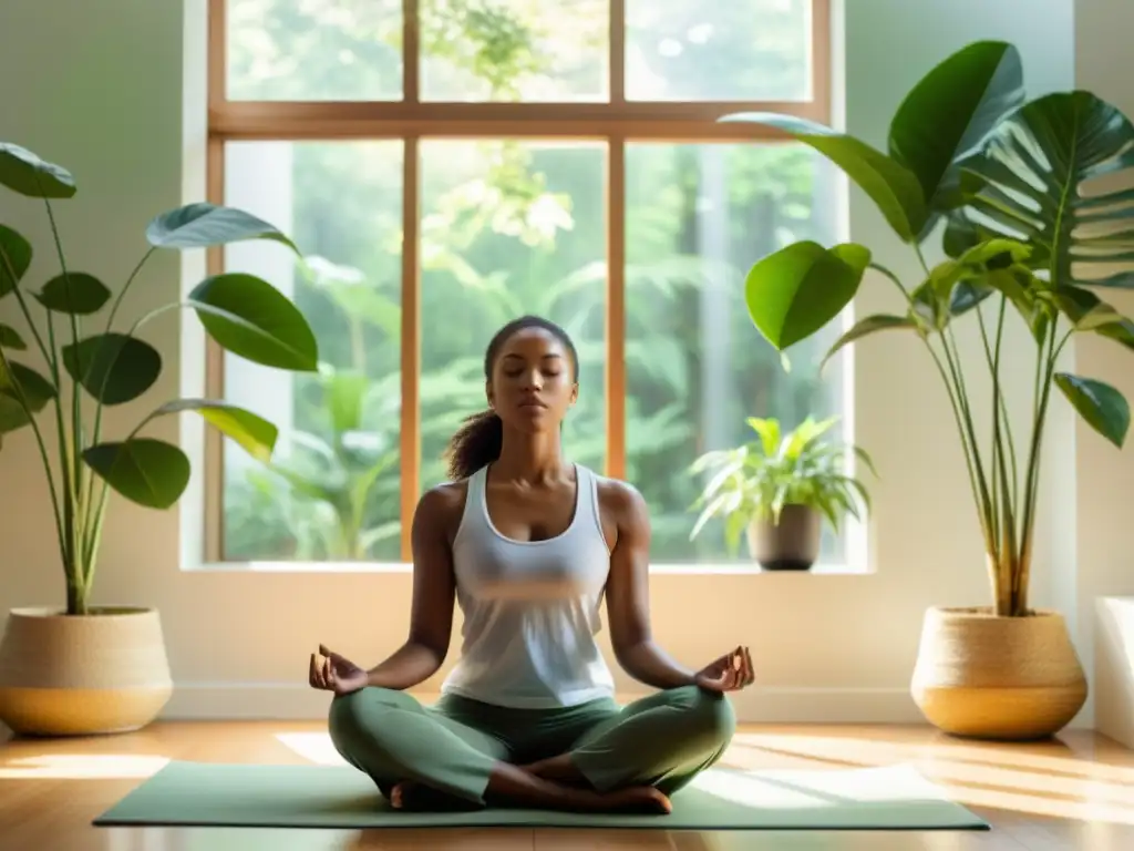 Mediación inmunológica: Fortaleza tranquila en un oasis urbano Persona meditando en ambiente luminoso con plantas, transmitiendo calma y fortaleza