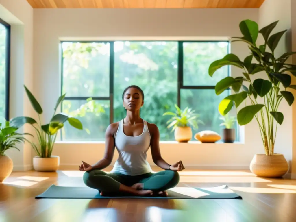 'Persona meditando en un ambiente luminoso y sereno, rodeada de plantas